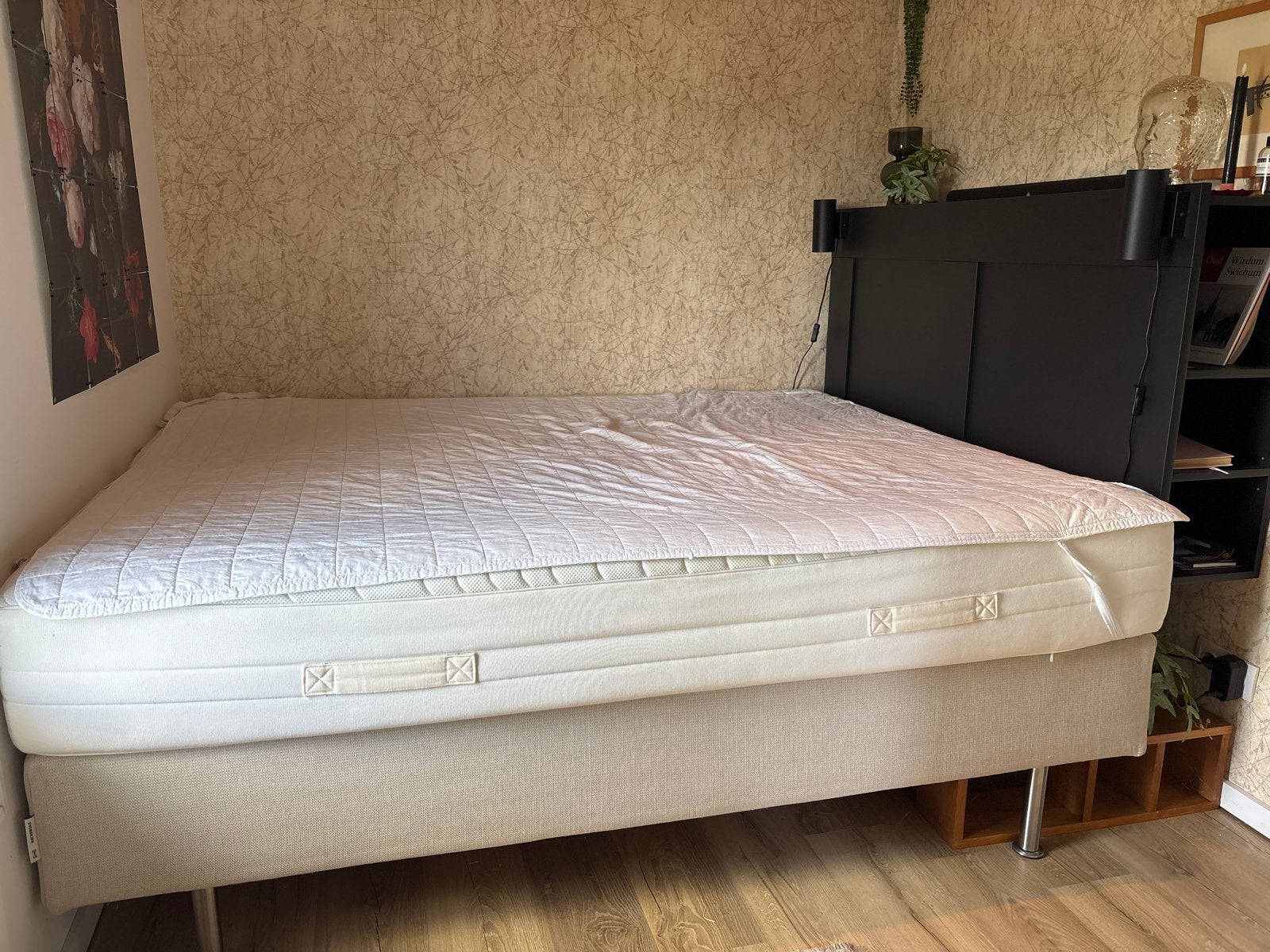 Ikea Boxspring Evenskjer & hoofdbord incl. 2 lampjes, Ophalen, Gebruikt, Beige, Tweepersoons