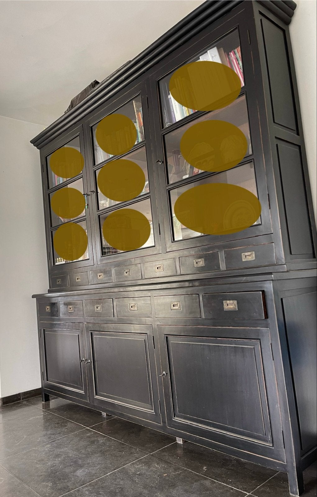 Zwart houten dressoir met vitrinekast buffetkast, Ophalen, Gebruikt, 200 cm of meer, 200 cm of meer