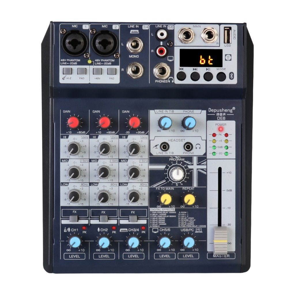 DE8-DJ Geluidsmixer-8-Kanaals-USB Geluidskaart-DSP Effecten, Ophalen of Verzenden, Zo goed als nieuw, Instrumentmicrofoon