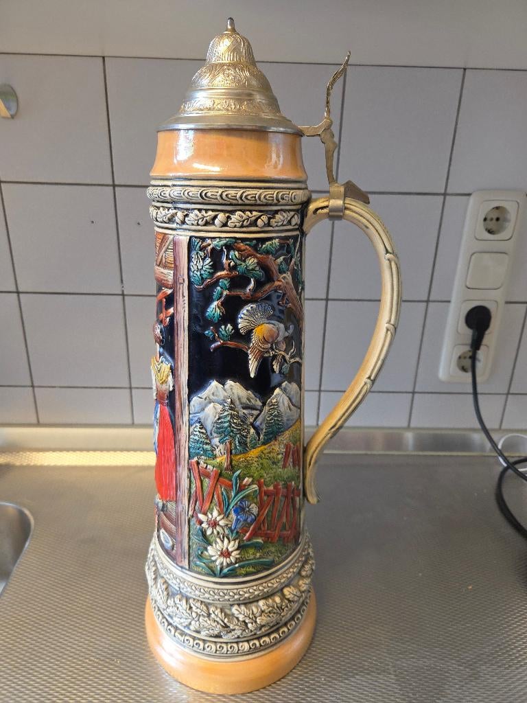 Vintage Duitse bierpul - met tinnen deksel - 100 jaar oud, Antiek en Kunst, Ophalen