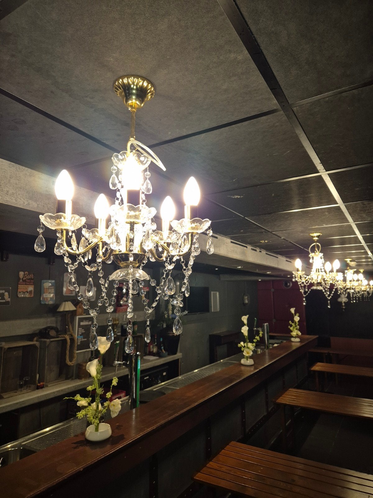 4x Kroonluchters - 5 Lichtpunten - Oud Café Thema, Ophalen