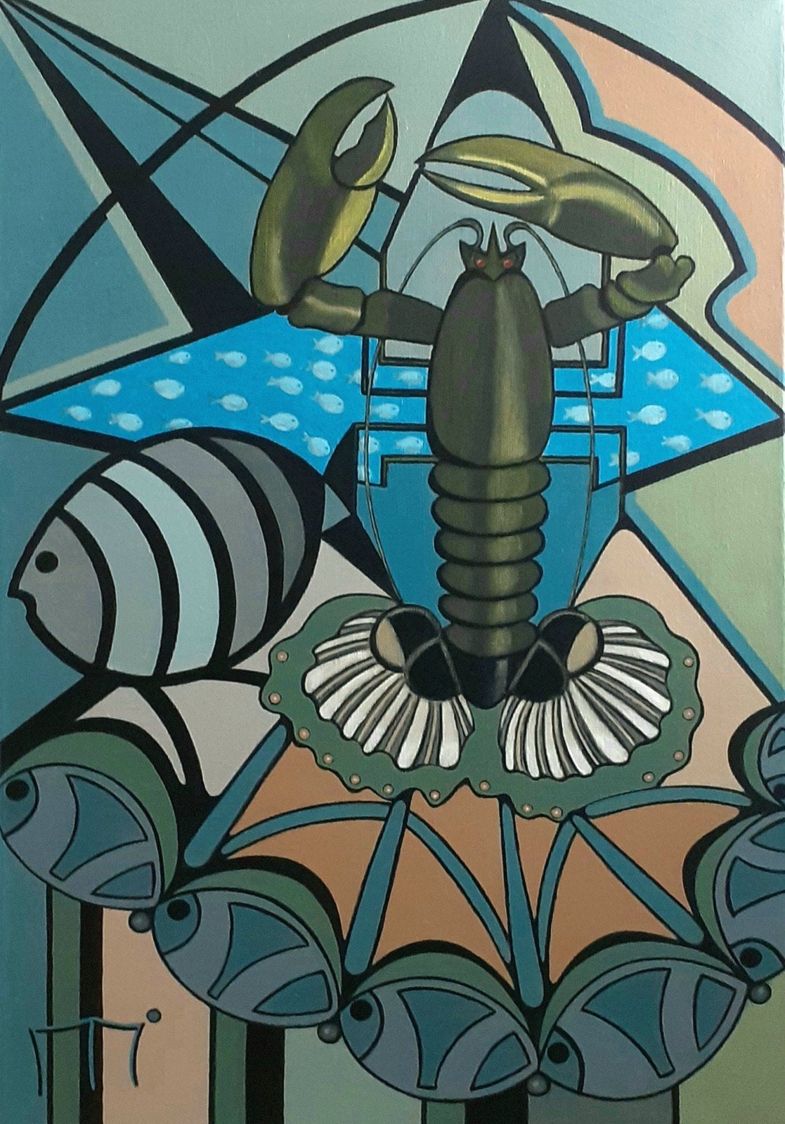 Abstract acrylverfschilderij kreeft, vissen op doek (60×90), Ophalen of Verzenden