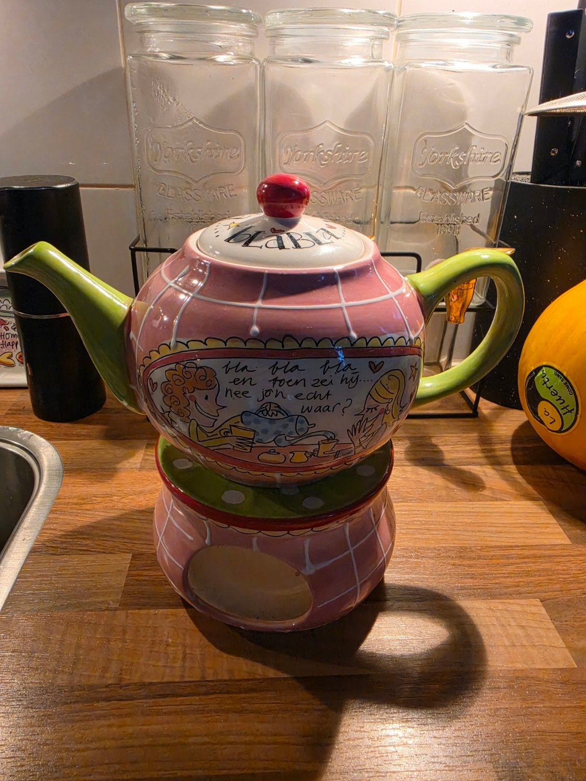 Blond Amsterdam theepot met theelicht - Bla Bla, Huis en Inrichting, Gebruikt, Ophalen of Verzenden, Steen/keramiek, Meerkleurig