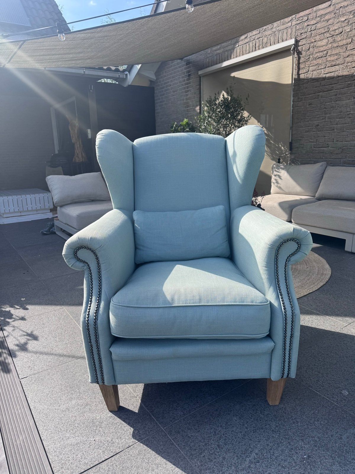 Comfortabele  zeegroene/lichtblauwe oorfauteuil, Ophalen, 75 tot 100 cm, Zo goed als nieuw, Stof