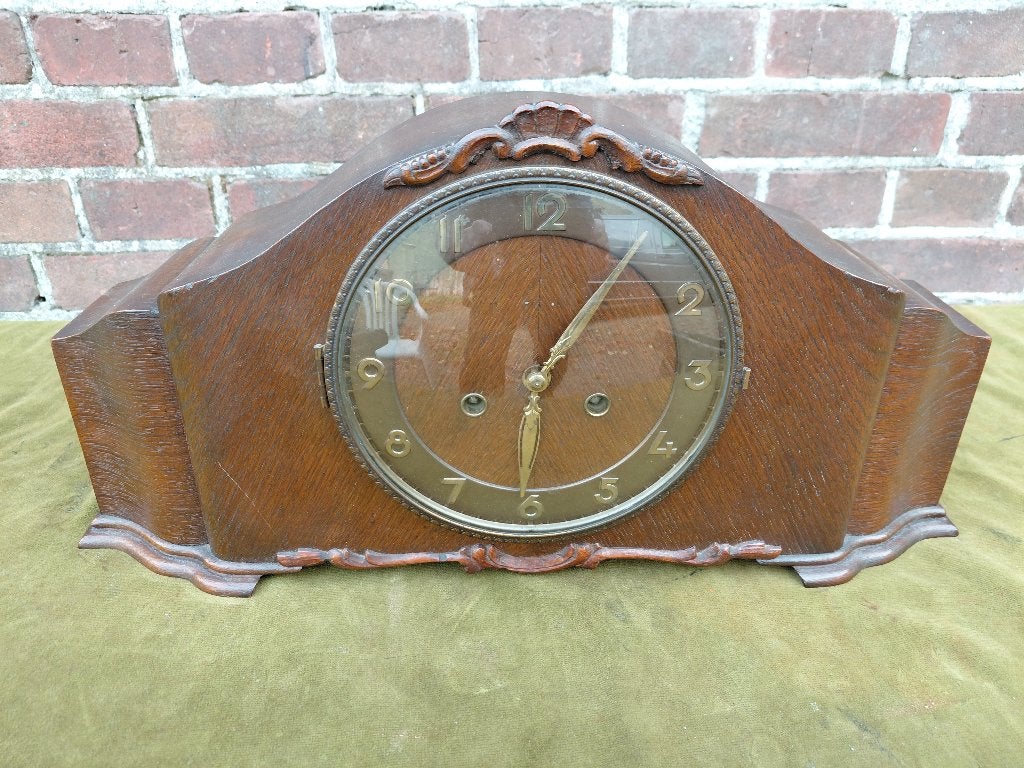 30e-jaren schoorsteenpendule, eiken kast., Antiek en Kunst, Verzenden