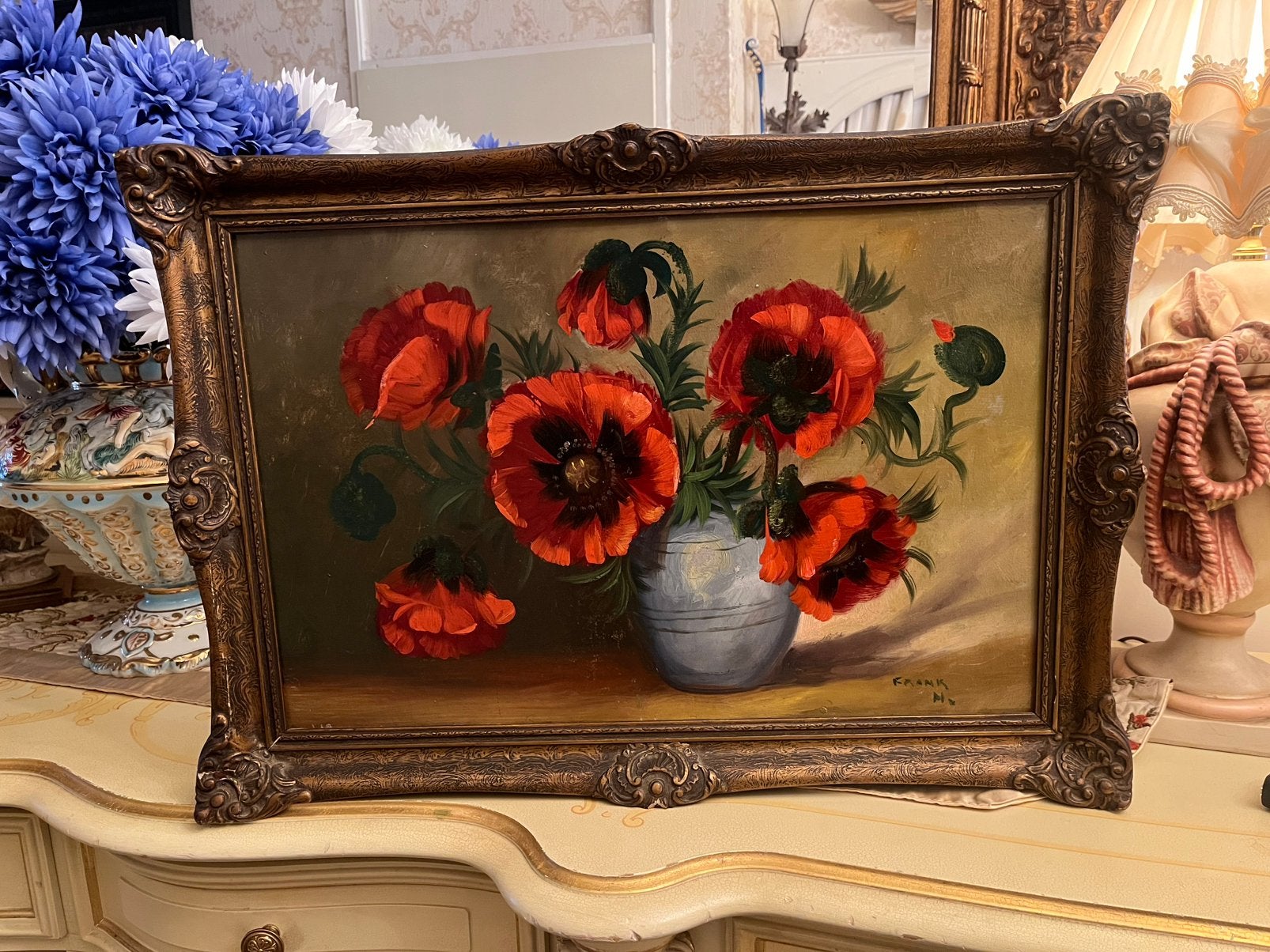 Antiek olieverf bloemen schilderij, Ophalen of Verzenden