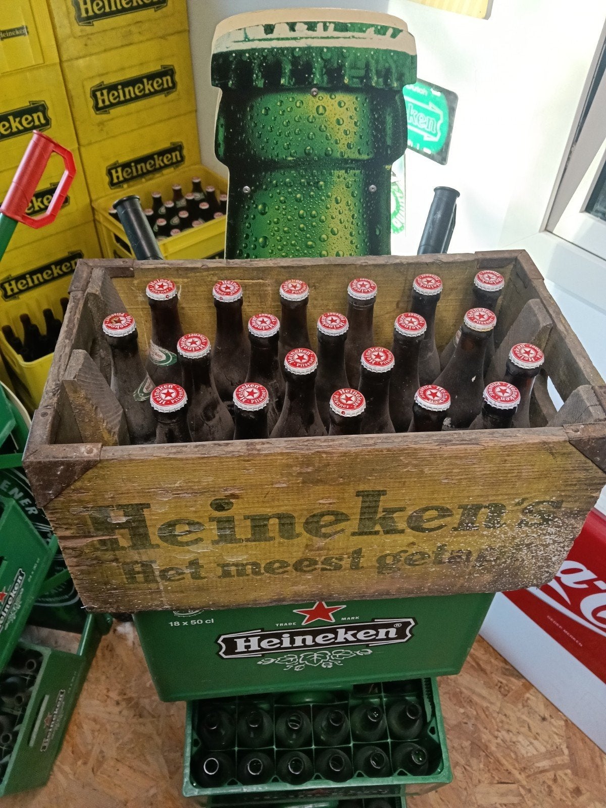 Vintage Heineken houten krat met flessen uit 1986., Verzamelen, Ophalen, Gebruikt, Flesje(s), Heineken