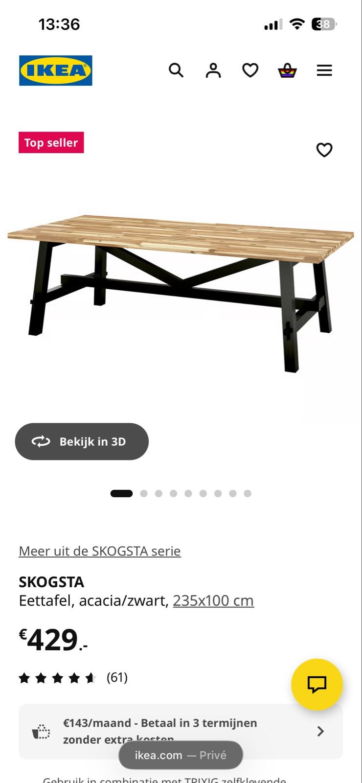 IKEA SKOGSTA Eettafel 235x100 cm acacia/zwart, Ophalen, Gebruikt, 100 tot 150 cm, 200 cm of meer