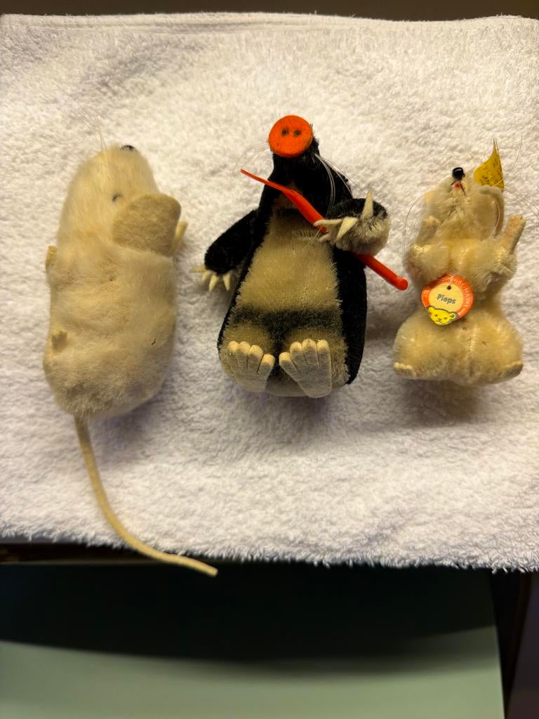 3 Oude Steiff Diertjes: Muis, Mol & Muis "Pieps", Ophalen of Verzenden, Gebruikt