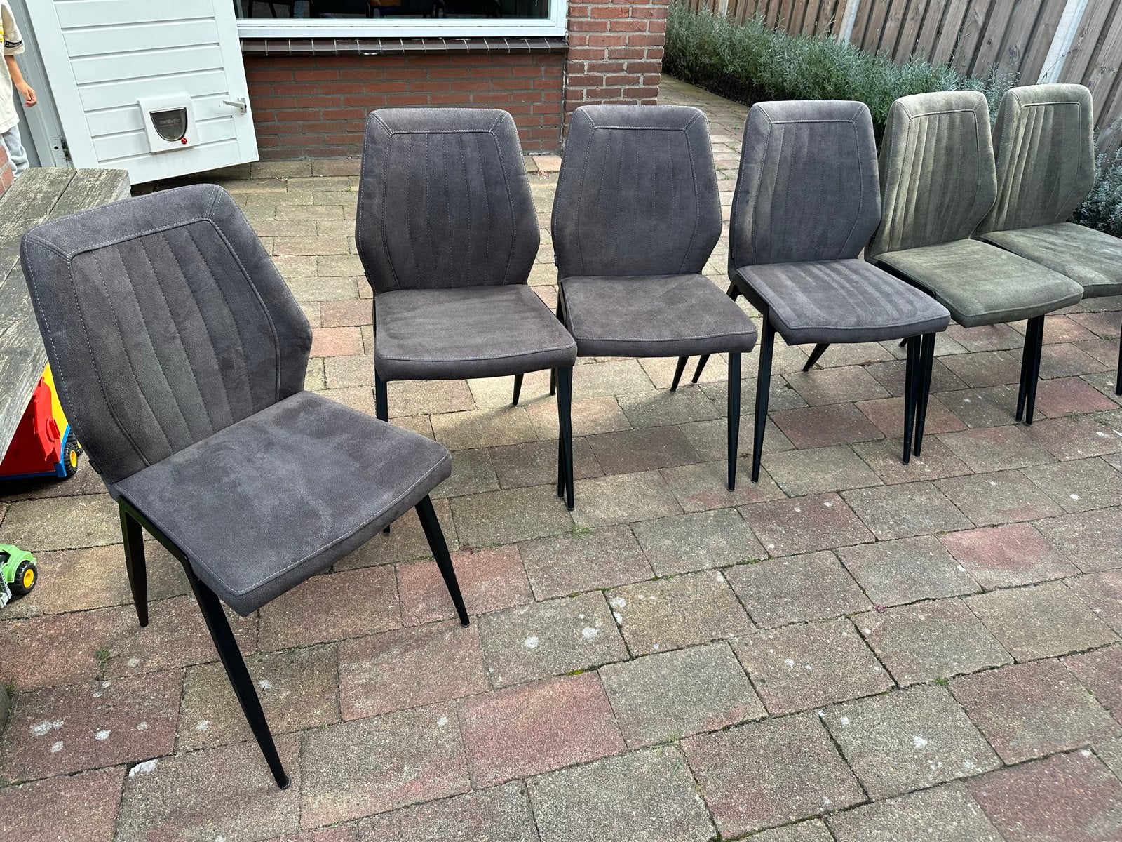 6 eetkamerstoelen - Grijs/ groen - Zo goed als nieuw, Ophalen, Zo goed als nieuw, Metaal, Grijs