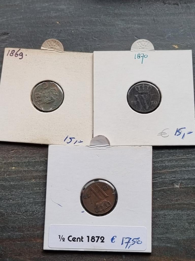 3x 1/2 cent Willem 3 1869-70-72, Postzegels en Munten, Munten | Nederland, Ophalen of Verzenden, Koning Willem III