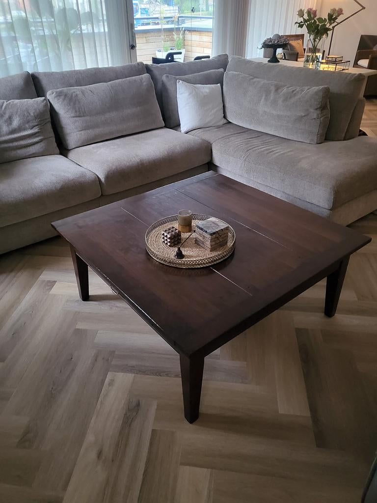 Donker houten vierkante salontafel met lade, Ophalen