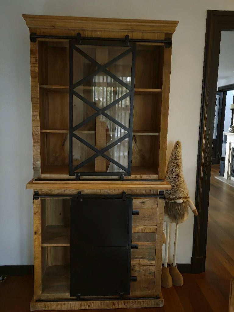 Mooie mango houten kast, Ophalen, 200 cm of meer, Zo goed als nieuw, Glas