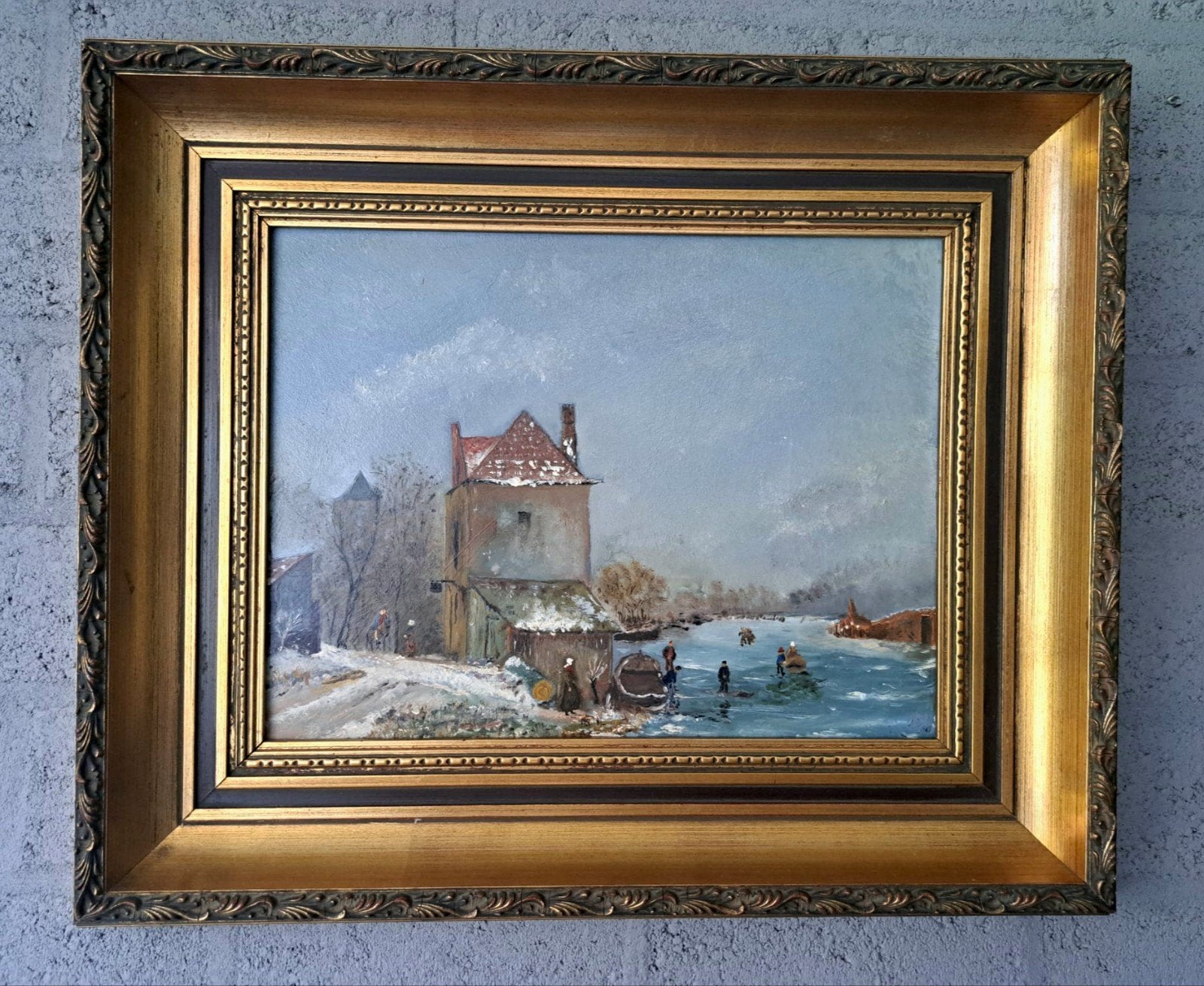 Schilderij Winterlandschap met schaatsers en molen, Antiek en Kunst, Kunst | Schilderijen | Klassiek, Doek, Origineel werk, Ophalen of Verzenden