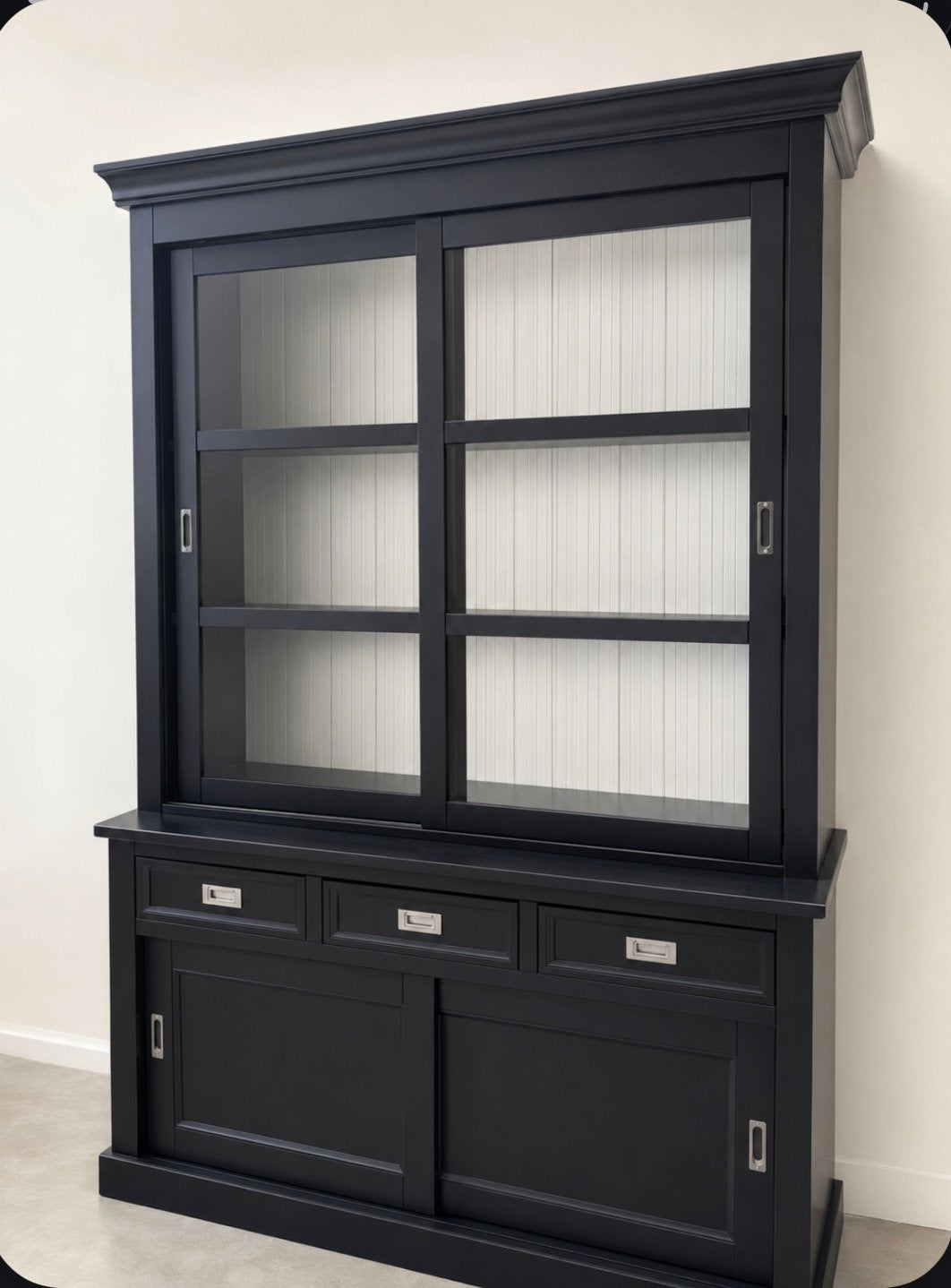 Gebruikte buffetkast zwart, Huis en Inrichting, Kasten | Buffetkasten, Ophalen, 200 cm of meer, Glas, Zo goed als nieuw