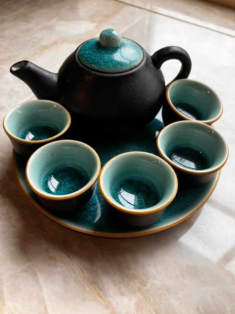 Miniatuur Qraqulee Chinees Theeset  / Turquoise & Zwart, Ophalen of Verzenden
