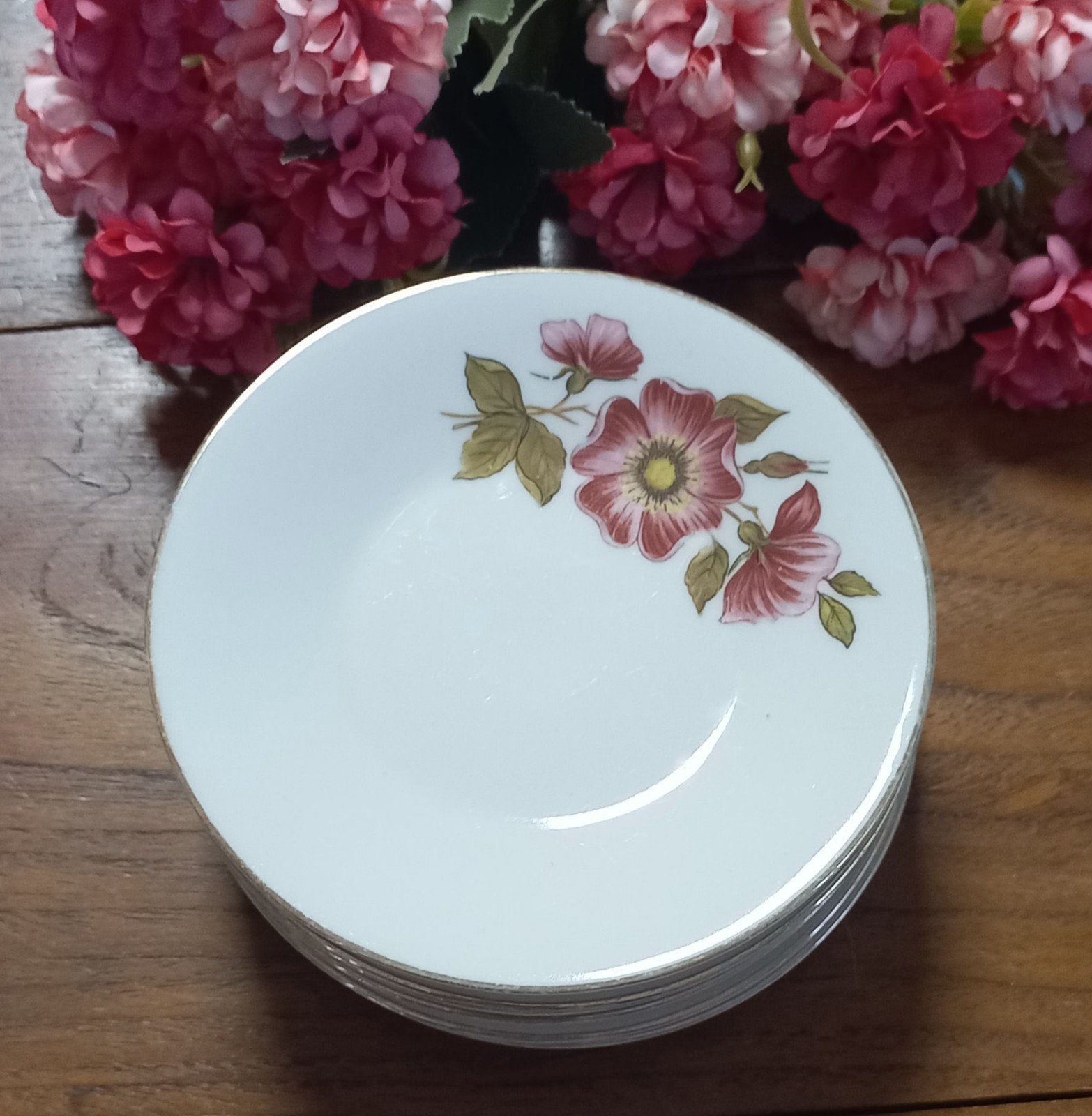 Set van 6 vintage cakebordjes, rood/roze bloem, Monopoli, Antiek en Kunst, Ophalen of Verzenden