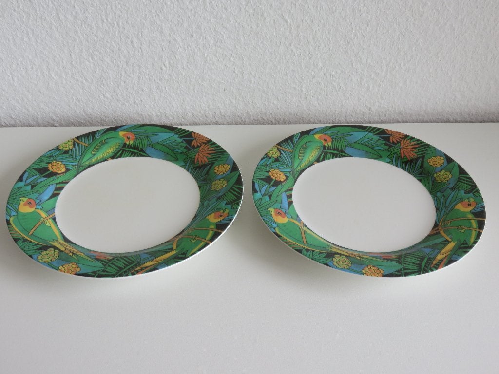 2 Melamine jungle ontbijtbordjes groen met papegaaien Mala, Caravans en Kamperen, Ophalen of Verzenden, Zo goed als nieuw