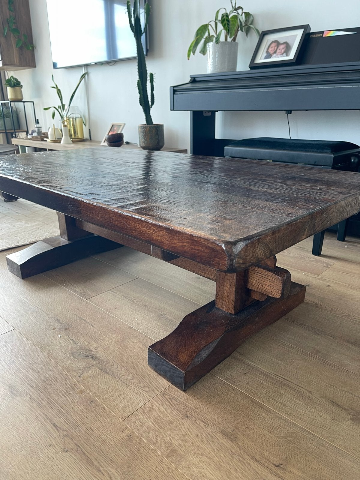 Robuuste eikenhouten salontafel, handgemaakt, Gebruikt, 100 tot 150 cm, Eikenhout, 50 tot 100 cm