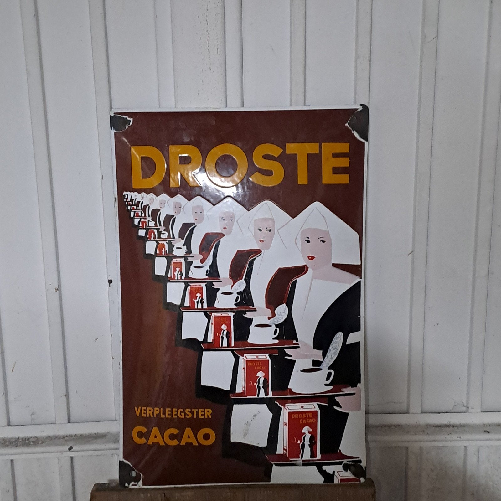 origineel emaille reclamebord Droste 50x33cm, Ophalen of Verzenden, Gebruikt, Reclamebord