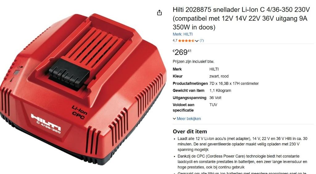 Hilti oplader + accu, Doe-het-zelf en Verbouw, Ophalen of Verzenden, Nieuw, Overige typen