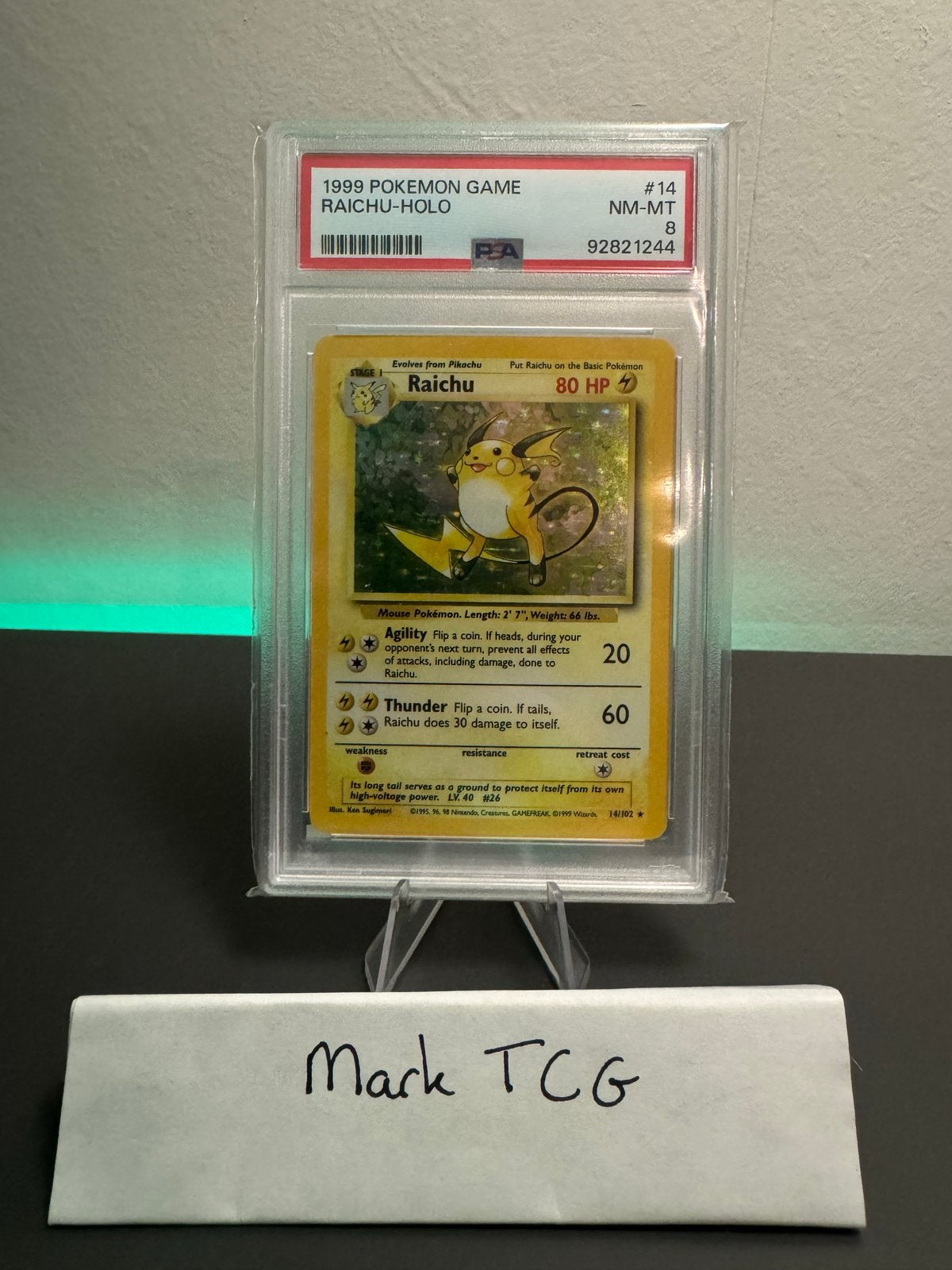 PSA 8 Raichu Holo 1999 Pokémon Game #14 NM-MT, Ophalen of Verzenden, Zo goed als nieuw, Losse kaart