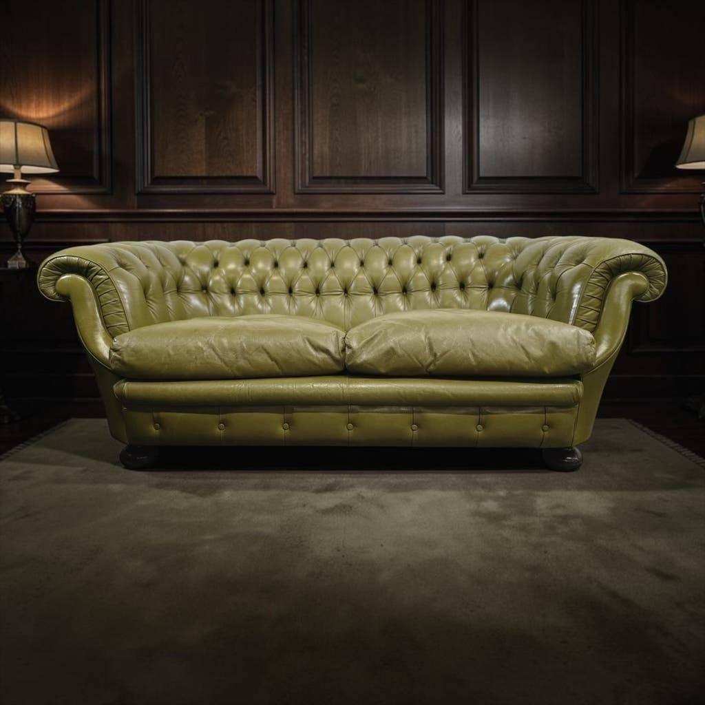 Vintage lederen olijfgroene chesterfield / zetel / canapé, Ophalen
