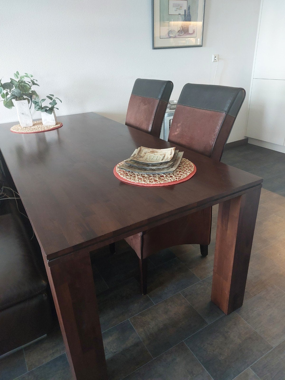 Set van 6 eetkamerstoelen in prima conditie, Ophalen, Bruin, Rubberwood met warme kleur, Zo goed als nieuw
