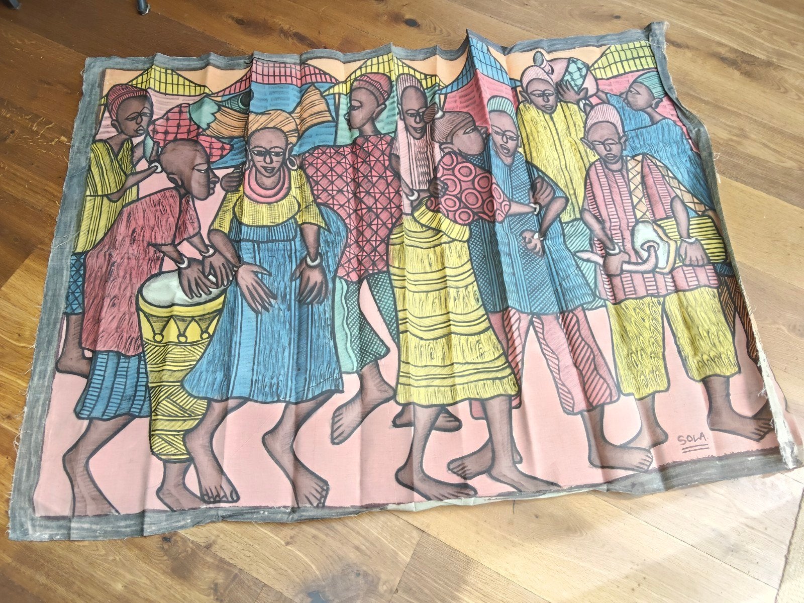 Afrikaanse wanddecoratie: Dansende figuren en dieren, Wanddecoratie, Textiel, Afrika, Ophalen of Verzenden