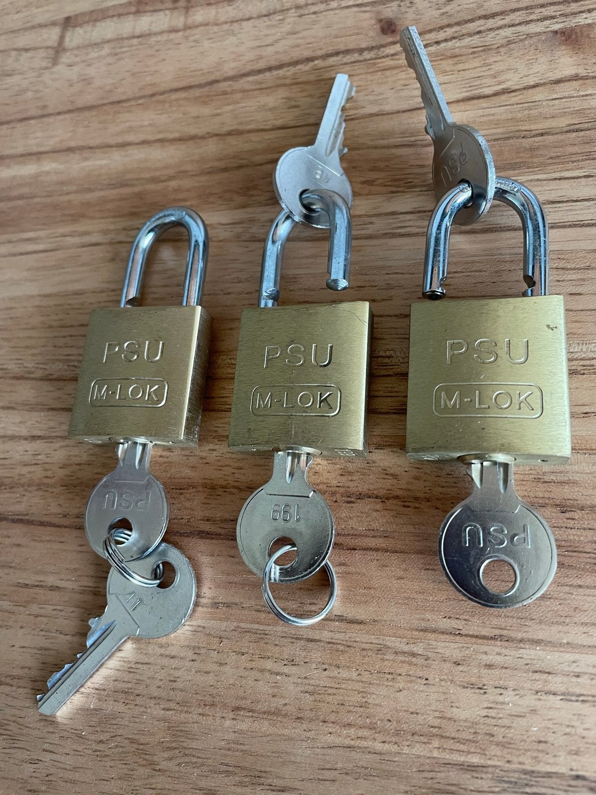Set van 3 PSU M-LOK hangsloten met sleutels, Ophalen of Verzenden, Gebruikt, Koper of Messing, Slot