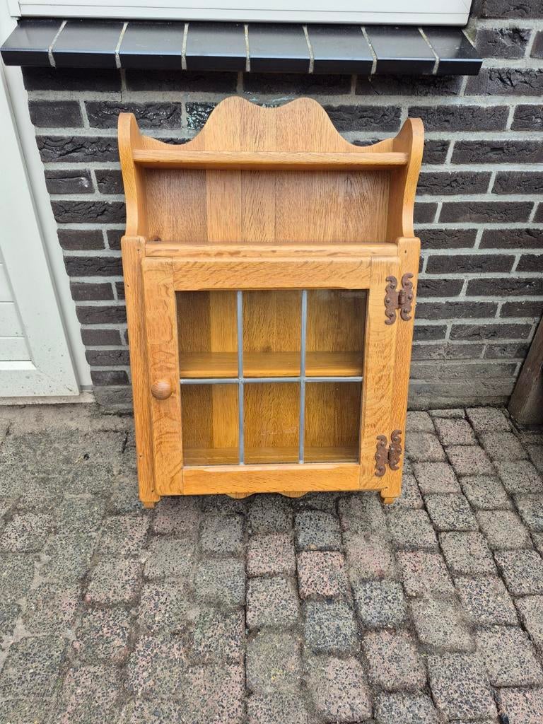 Vintage wandkastje eikenhout 80x52 cm met glas in lood, Ophalen, Gebruikt