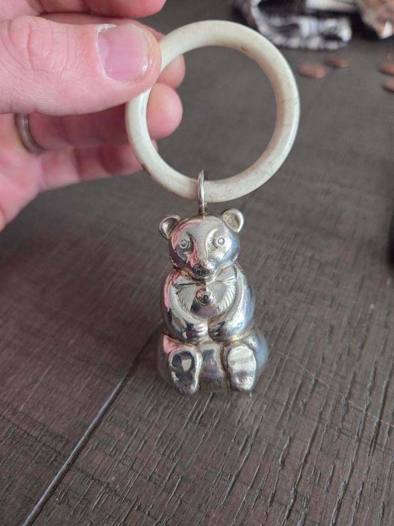 Vintage Zilveren Rammelaar Beer met Ring, Ophalen of Verzenden