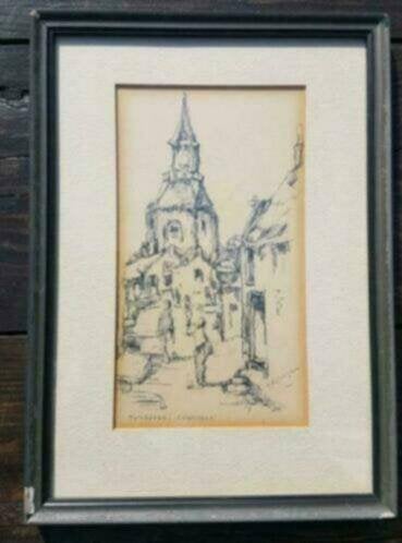 Oude tekening Nunspeet Dorpstraat kerk A J Velthuijzen, Antiek en Kunst, Ophalen