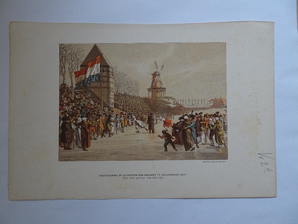 kleurlitho schaatswedstrijd vrouwen Leeuwarden 1805 Tresling, Origineel, Ophalen of Verzenden