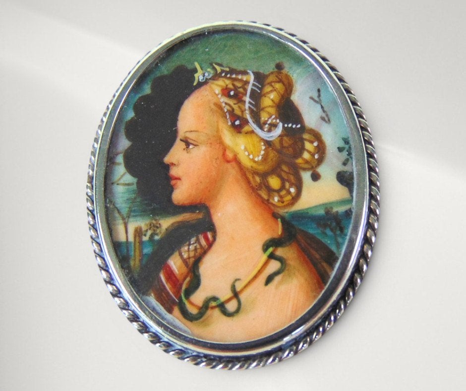 Antiek Italië 800 zilver geschilderd portret hanger/broche!, Overige kleuren, Verzenden, Minder dan 4 cm, Zo goed als nieuw