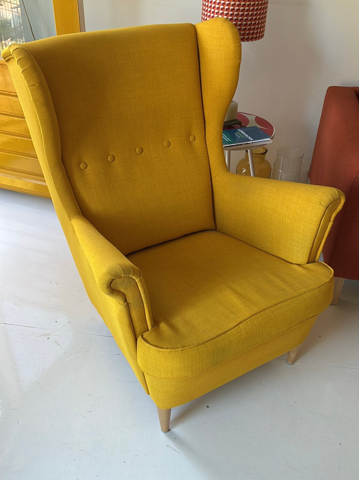 Ikea Strandmon oorfauteuil, geel, Huis en Inrichting, Ophalen, Gebruikt, Stof, Minder dan 50 cm