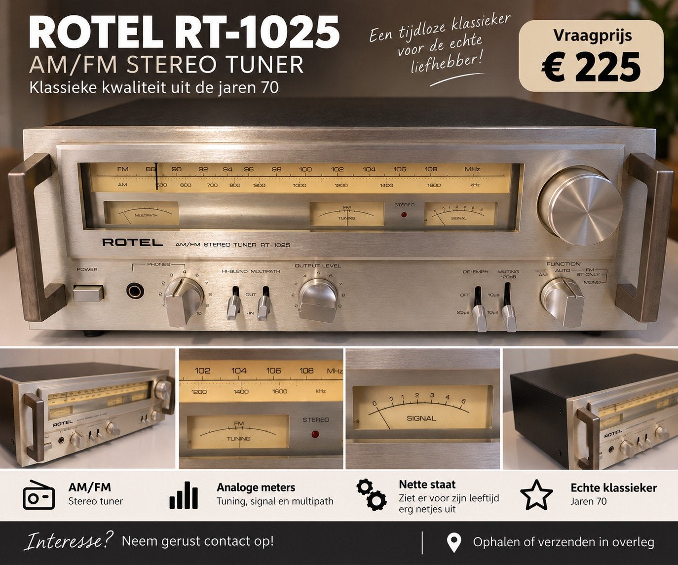 Rotel RT-1025 Vintage AM/FM Stereo Tuner, Ophalen of Verzenden, Gebruikt