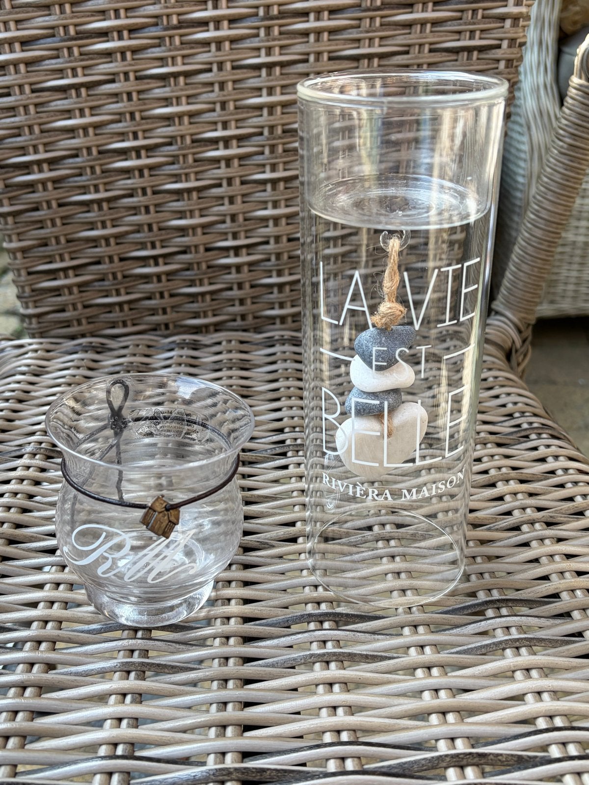 Set van 2 glazen theelichthouder Riviera Maison, Huis en Inrichting, Ophalen, Transparant, Inclusief decoratie, Glas