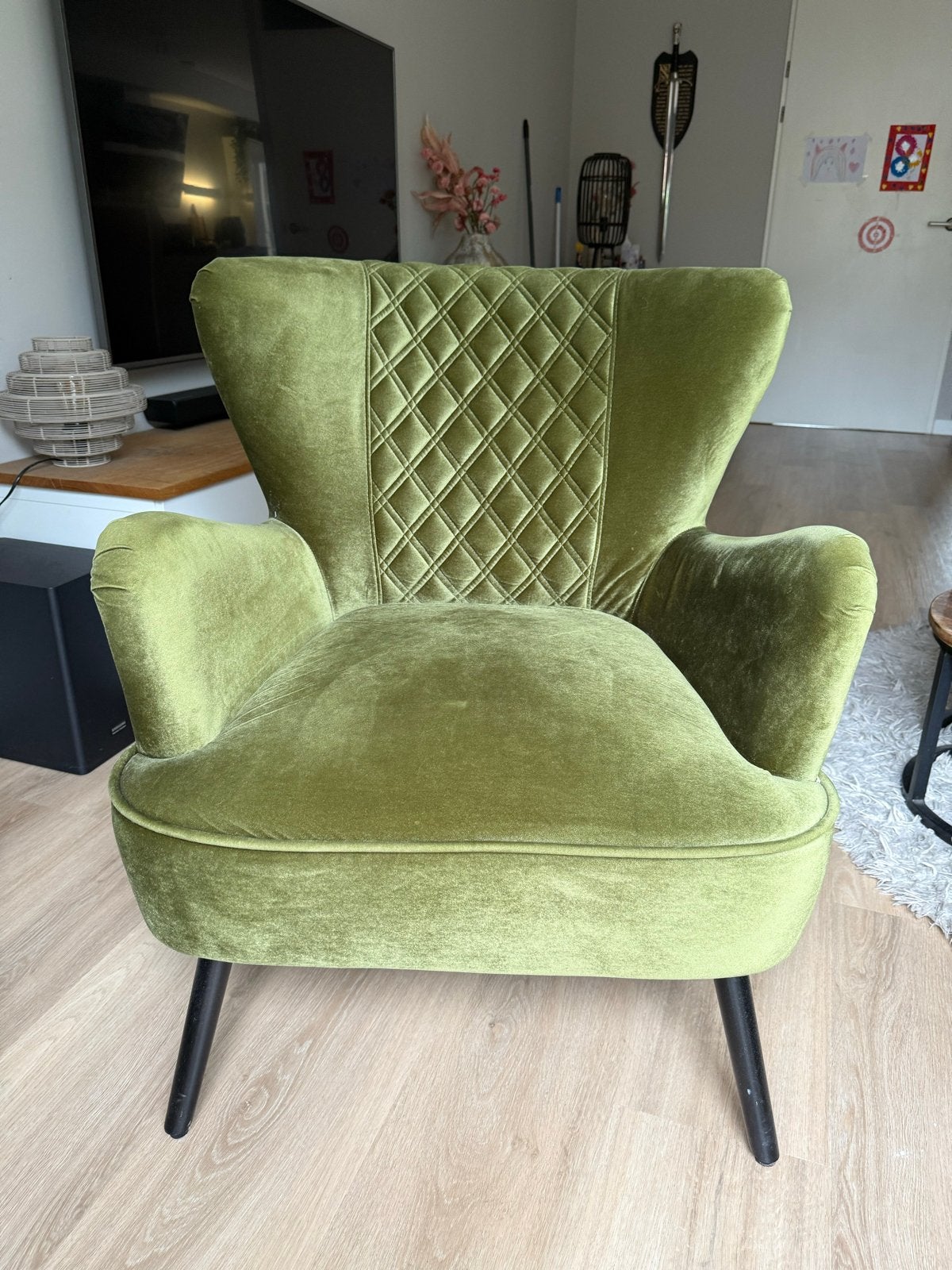 Groene fluwelen fauteuil - Zo goed als nieuw, Ophalen, Minder dan 75 cm, Zo goed als nieuw, Stof