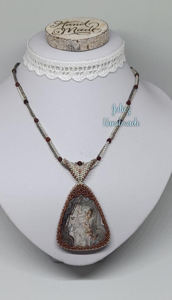 Crazy Lace agaat hanger ketting met Miyuki "Juliez handmade", Met hanger, Beige, Nieuw, Ophalen of Verzenden