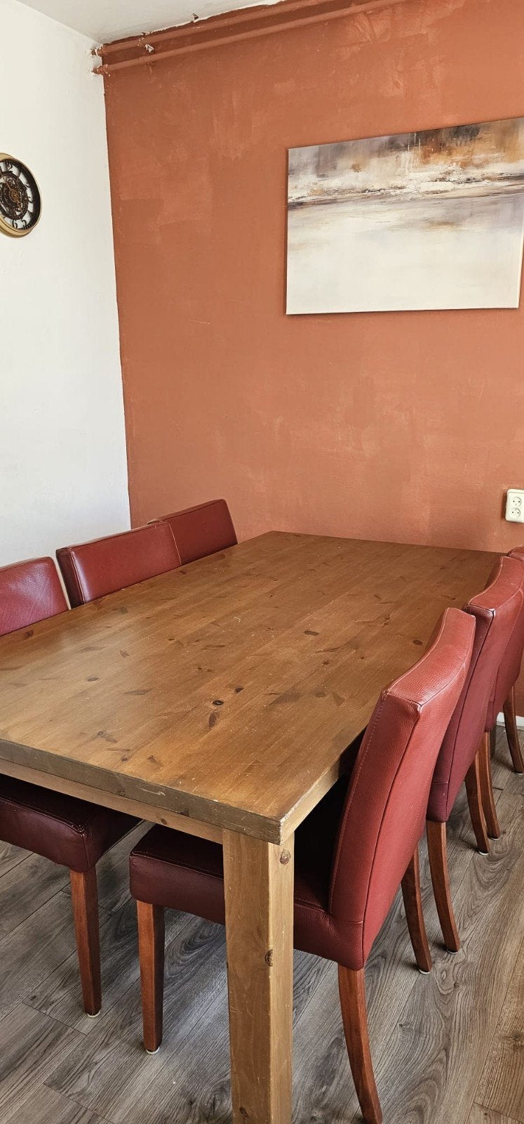 Robuuste houten eettafel met 6 lederstoelen, Ophalen, Gebruikt, 50 tot 100 cm, Vier personen