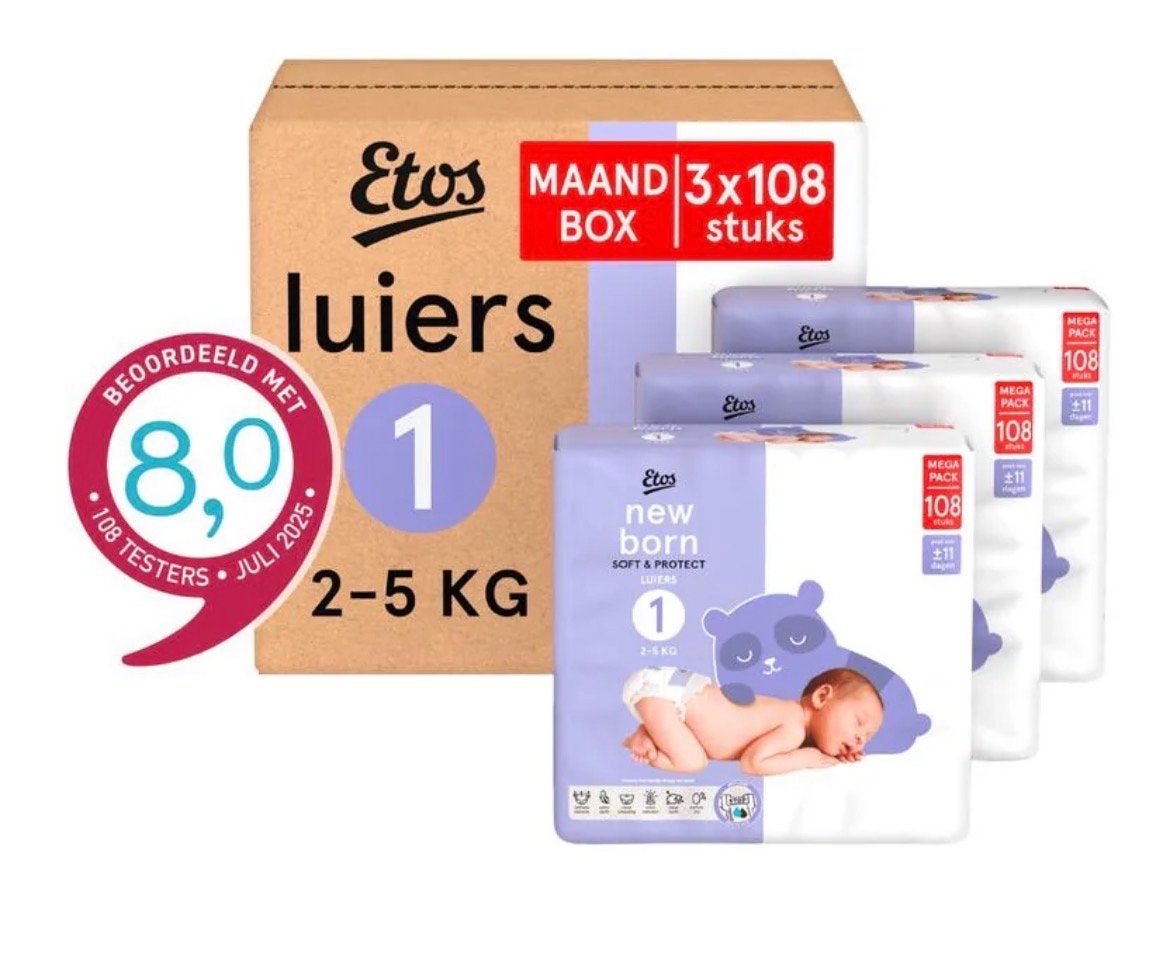 Etos Luiers Maat 1 (2-5 KG) - Maandbox 3x108 stuks, Ophalen, Nieuw