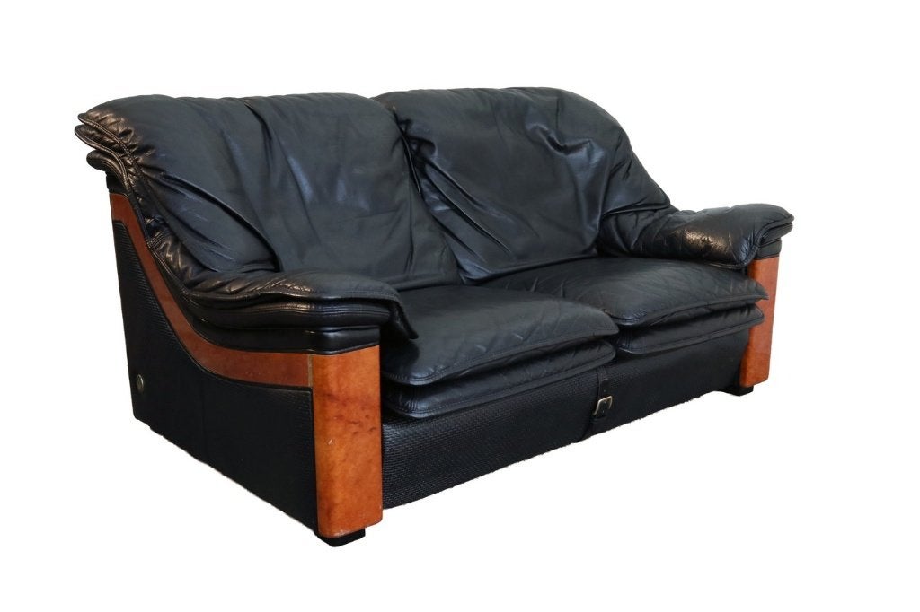 Paolo Gucci Formitalia tweezitsbank zwart leer wortelhout, Gebruikt, Postmodern, Italiaans design, jaren 90, Hollywood Regency