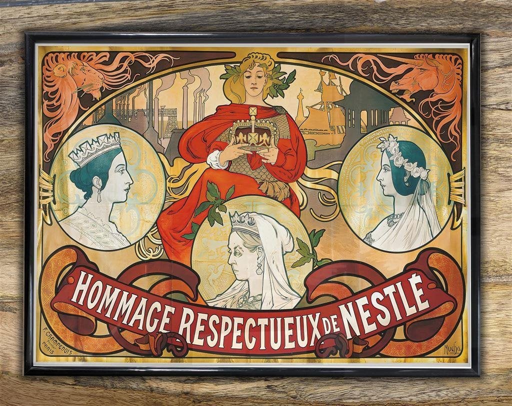 ALPHONSE MUCHA Art Nouveau Nestle Poster in Lijst, Antiek en Kunst, Verzenden
