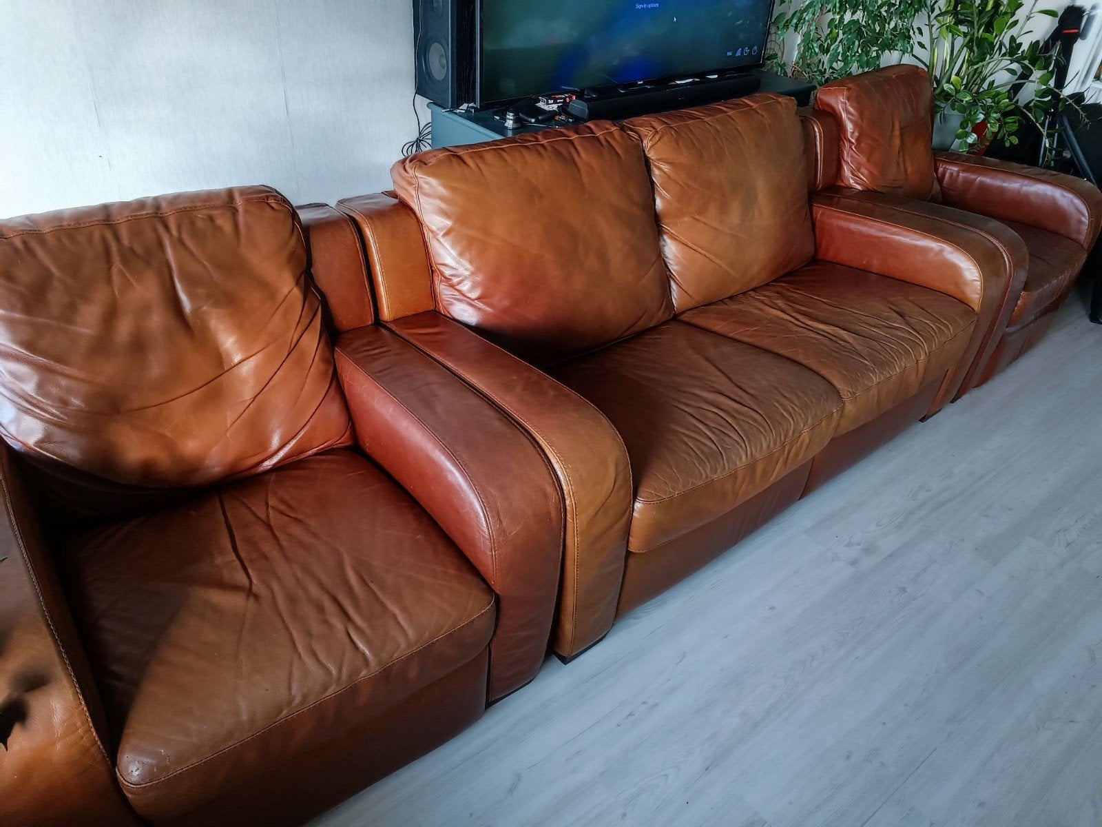 Natuzzi banken en stoelen van echt leer, Huis en Inrichting, Ophalen, Gebruikt, 300 cm of meer, Rechte bank