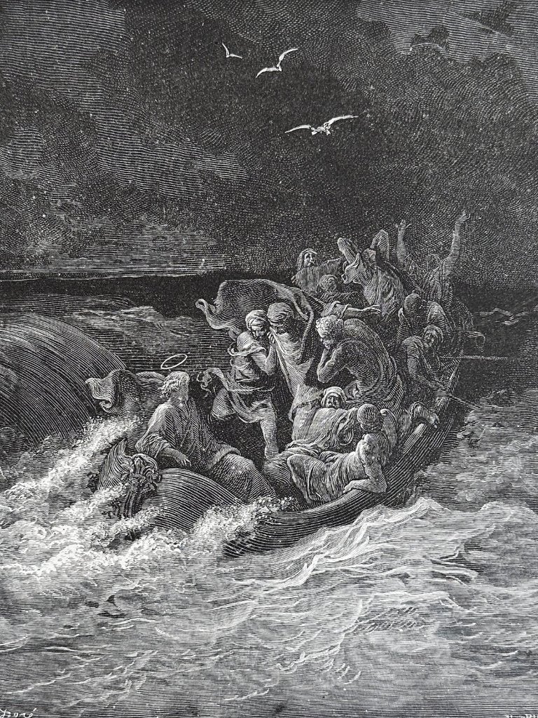 Houtgravure Gustave Doré - Jezus stilt de storm, Verzenden, Religie, Gravure, Blanco verso