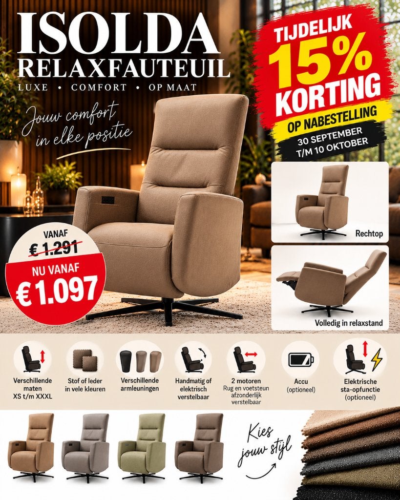 Isolda relaxfauteuil – tijdelijk 15% korting KUBUS WONEN, Ophalen of Verzenden, Nieuw, Leer, 50 tot 75 cm