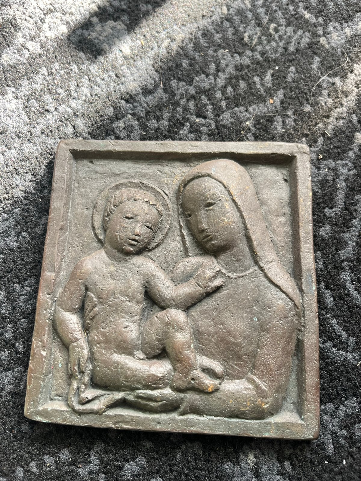 Bronzen reliëf Maria met kind Jezus, Ophalen of Verzenden