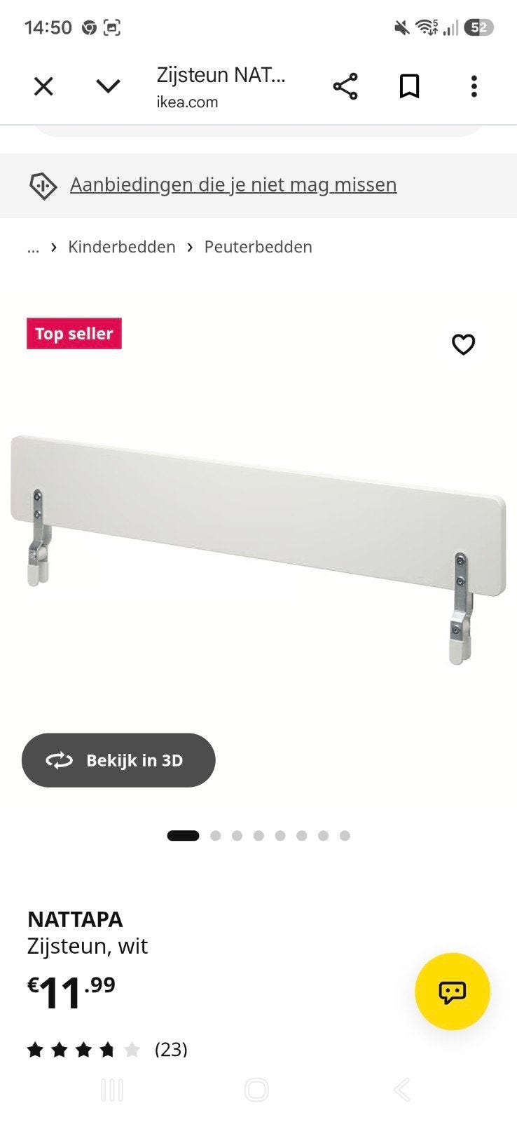 IKEA NATTAPA Zijsteun, wit, Ophalen, Gebruikt, Minder dan 140 cm, Minder dan 70 cm