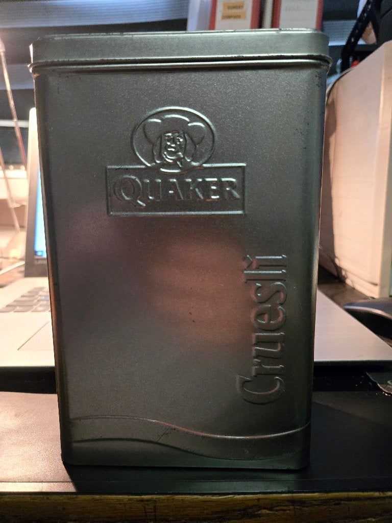 vintage zilverkleurige Quaker Cruesli voorraadbus van metaal, Ophalen, Gebruikt, Overige, Overige merken